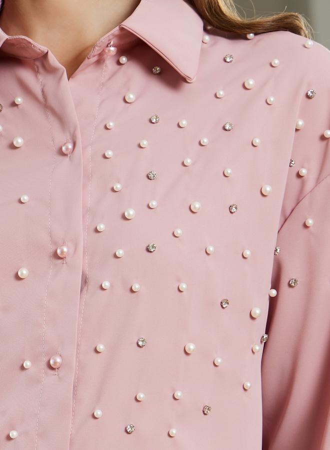 Styli Women Pink Pearl Embellished Long Sleeve Shirt - Image 4